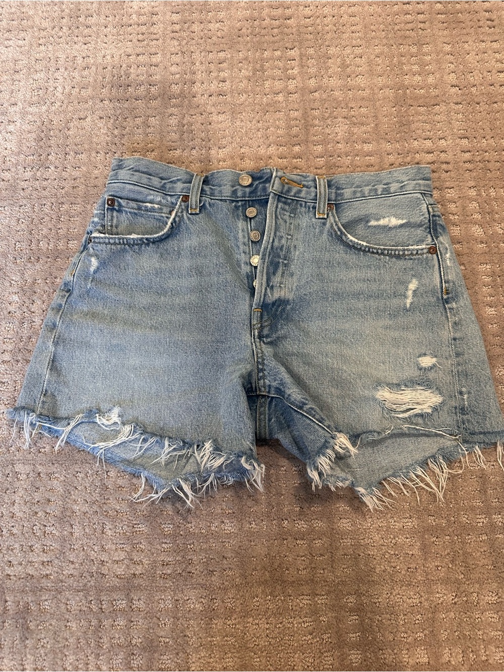 Agolde Light Blue Distressed Denim Cutoff Shorts
